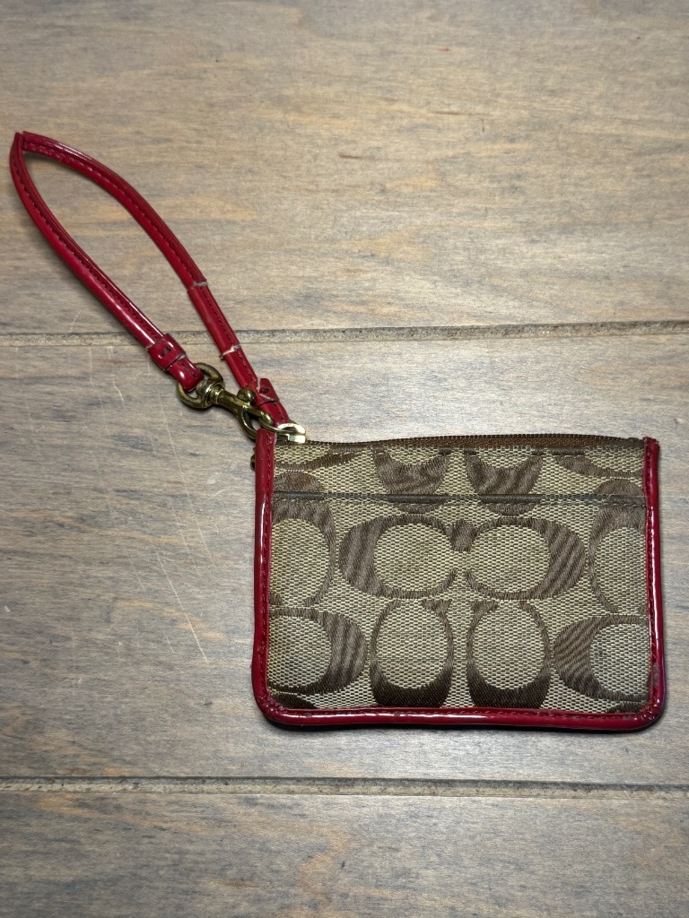Coach Signature Canvas Small Wristlet Coin ID Pouch Red Trim AS IS